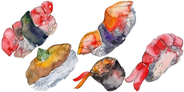 Vesiväri sushi joukko kauniita maukkaita japanilainen sushi kuvitus. Käsin piirretyt esineet valkoisella pohjalla
. - Valokuva, kuva