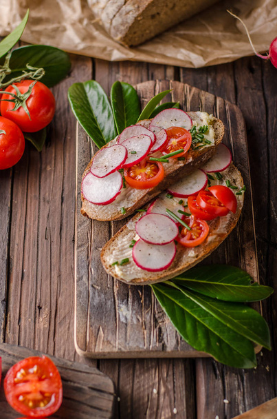 Homemade bread with fresh creame, herbs and radishes, organic food - Foto, immagini