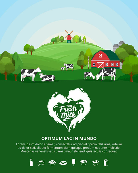 Векторна молочна ілюстрація з молочним бризом. Літній сільський пейзаж з коровами, телятами та фермою
. - Вектор, зображення
