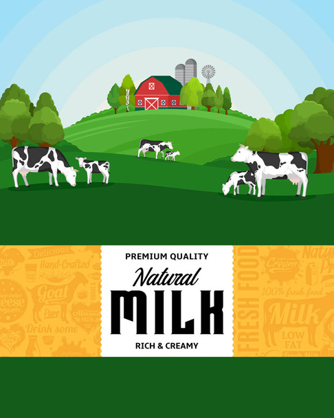 Ilustración de leche vectorial con paisaje rural, vacas, terneros y granja. Etiqueta de leche de estilo moderno. Iconos de la granja lechera y elementos de diseño
. - Vector, Imagen