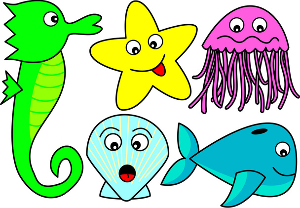 Cute Cartoon Sea Creatures - Vector, afbeelding
