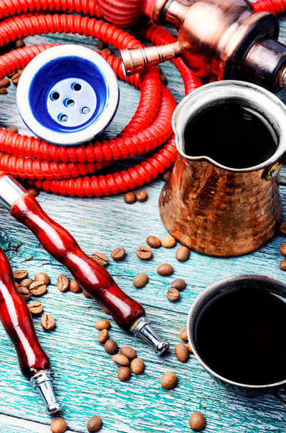 Oriental shisha hookah with aroma coffee for relax.Arabian shisha and coffee.Oriental ornament - Foto, immagini