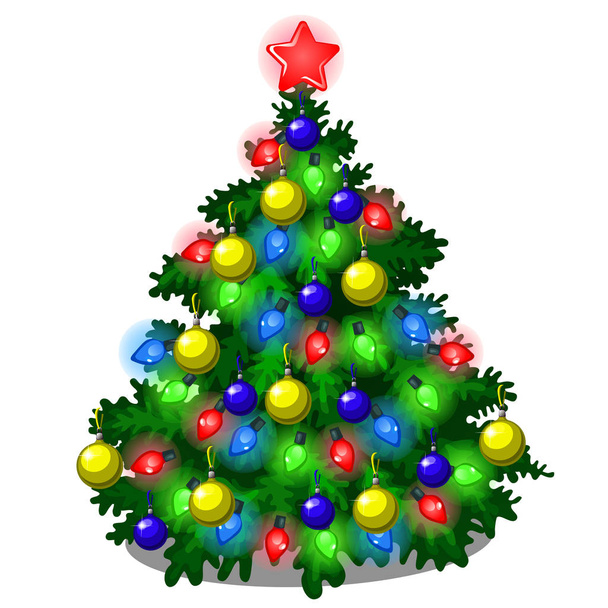 Σκίτσο με χαριτωμένο χριστουγεννιάτικο δέντρο με το νέο έτος και διακοσμήσεις Χριστουγέννων, γιρλάντα και στολίδια. Δείγμα της αφίσας, πρόσκλησης και άλλες εικονογράφηση διάνυσμα κάρτα. - Διάνυσμα, εικόνα