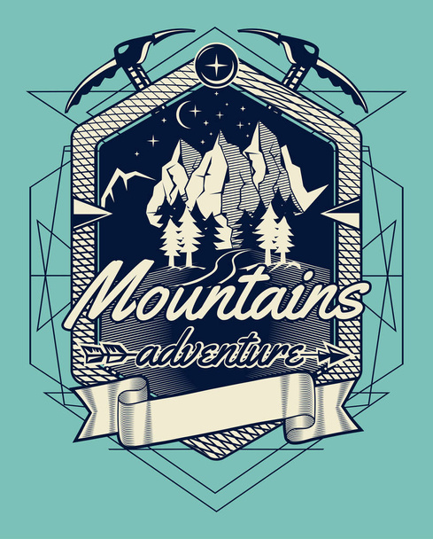 Berge Abenteuer monochrom dekoratives Emblem, Vektor, Illustration - Vektor, Bild