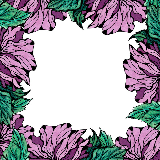 Grafik Rahmen Hibiskus Blume in Blüte isoliert auf weißem Hintergrund. handgezeichnete Tusche und Aquarell botanische Illustration. - Foto, Bild