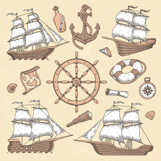 Vintage marine schepen. Oude cartouche frame, anker van het schip en zee wiel met oude kompas. Oceaan zeilboot retro vectorillustratie - Vector, afbeelding