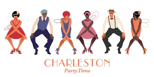 Quatro meninas flapper e dois homens vestindo roupas retro dançando Charleston. Ilustração vetorial
 - Vetor, Imagem
