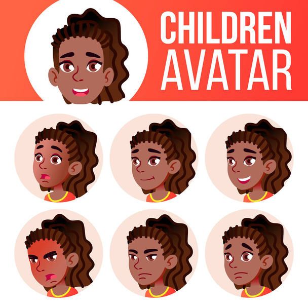 Lány Avatar beállítása gyerek vektor. Fekete. Afro-amerikai. High School. Arc érzelmek. Arc, emberek. Aktív, öröm. Karikatúra Head illusztráció - Vektor, kép