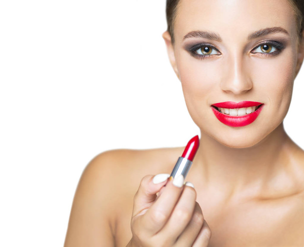 Portrait of gorgeous brunette woman with deep red lips. - 写真・画像