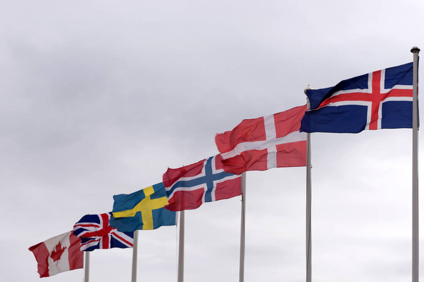 Bandeiras em mastins da Islândia, Dinamarca, Noruega, Suécia, Reino Unido e Canadá
 - Foto, Imagem