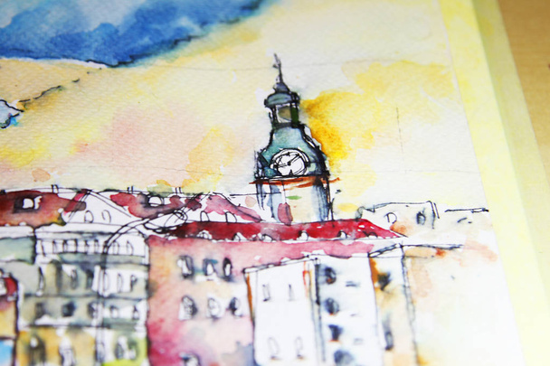 Watercolor illustration of city town cityscape architecture - Photo, Image
