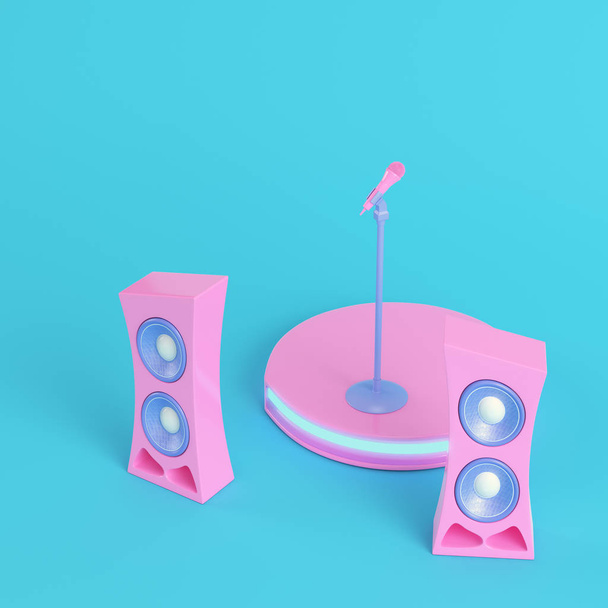 Concert stage with microphone and speakers on bright blue background in pastel colors. Minimalism concept. 3d render - Fotó, kép