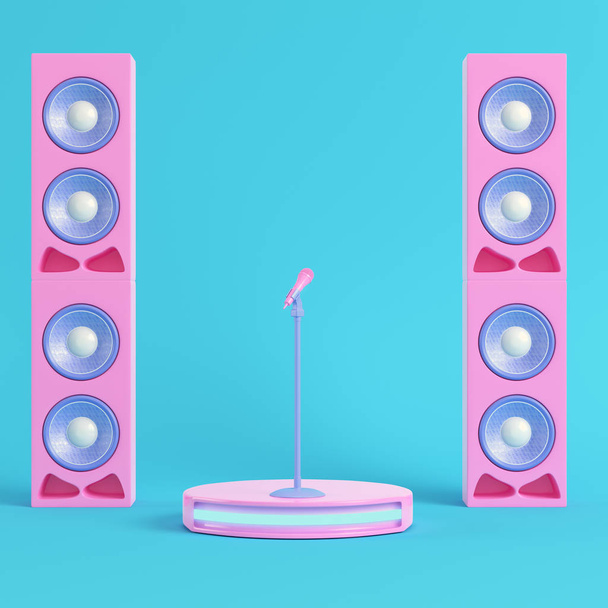 Concert stage with microphone and speakers on bright blue background in pastel colors. Minimalism concept. 3d render - Photo, Image