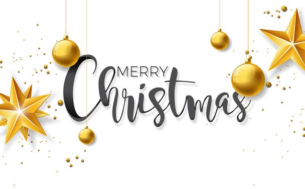 Merry Christmas Illustration with Gold Glass Ball, Star and Typography Elements on White Background. Vector Holiday Design for Greeting Card, Party Invitation or Promo Banner. - Vektor, obrázek