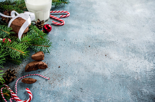 Slavnostní Vánoční blahopřání pozadí s přírodní větve jedle smrk, čokoládové sušenky, mléčné sklo. Vánoční dárek pro Santa Claus, světle modré pozadí kopie prostor - Fotografie, Obrázek