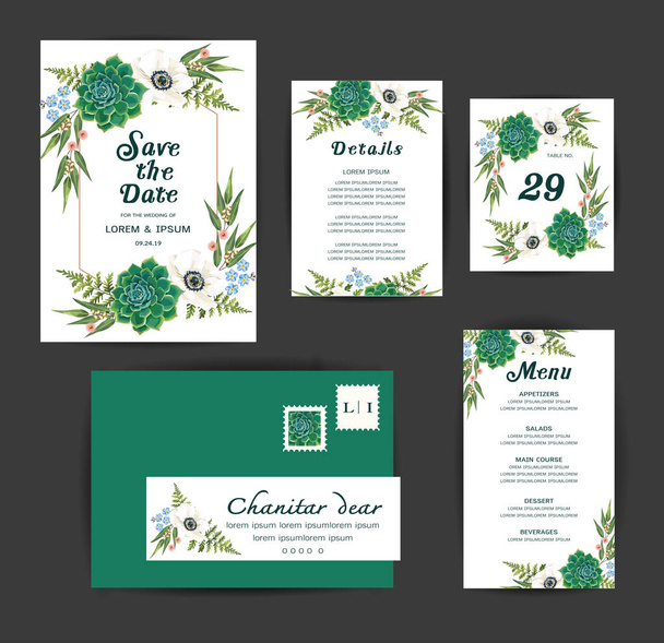 Invitación floral de boda, guardar la fecha, detalles, diseño de la tarjeta de menú con anémonas blancas, cactus. Plantilla arte vectorial
. - Vector, Imagen