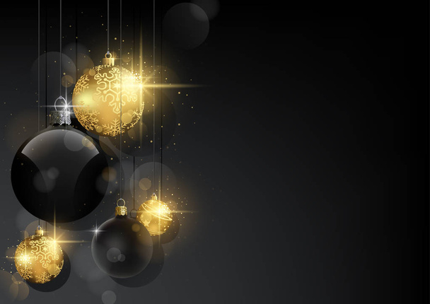 Dark Christmas Background with Black and Golden Baubles - Black Abstract Background with Bokeh Effect and Sparkling Effect, Vector Illustration - Vector, Image