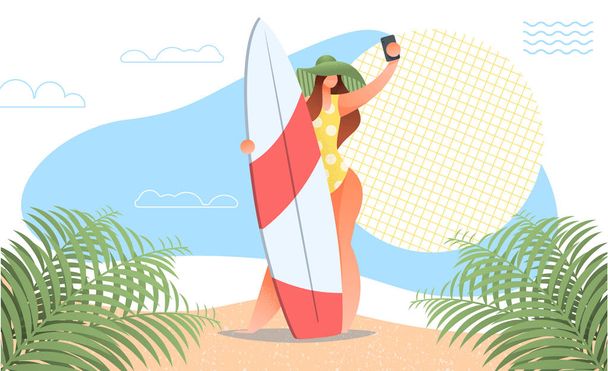 κορίτσι κάνει selfie με surf σκάφους  - Διάνυσμα, εικόνα
