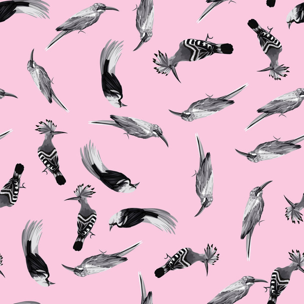 黒い白い熱帯鳥のシームレスなベクトル パターン ピンク背景 - ベクター画像