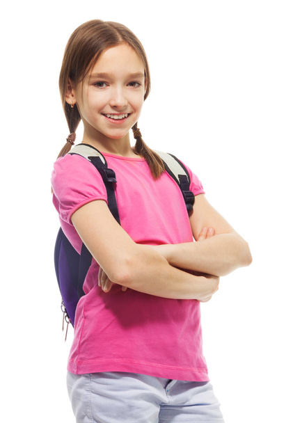 happy smiling schoolgirl with backpack - Foto, afbeelding