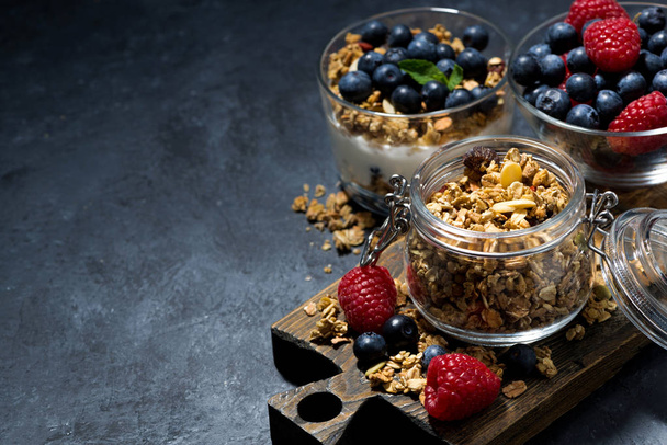 crispy muesli and fresh berries for breakfast on dark background, horizontal - Photo, image