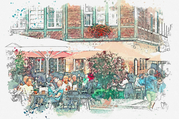 Aquarel schets of illustratie van traditionele Duitse architectuur en straat café in Münster in Duitsland. - Foto, afbeelding