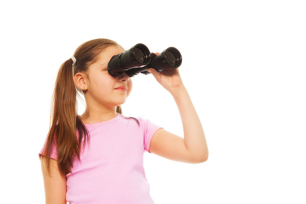Girl with ponytails with binoculars - 写真・画像