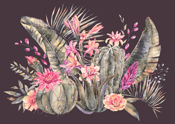 Exotische natuurlijke vintage aquarel bloeiende cactus wenskaart. - Foto, afbeelding