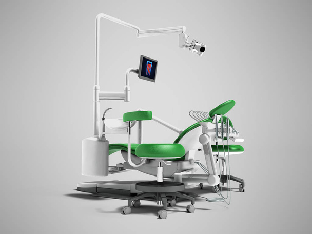 Cadeira dental verde moderno com bórax com iluminação e monitor para o trabalho de renderização 3d no fundo cinza com sombra
 - Foto, Imagem