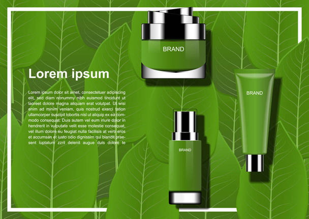 Προϊόντα φροντίδας του δέρματος σε φόντο πράσινο φύλλα - Διάνυσμα, εικόνα