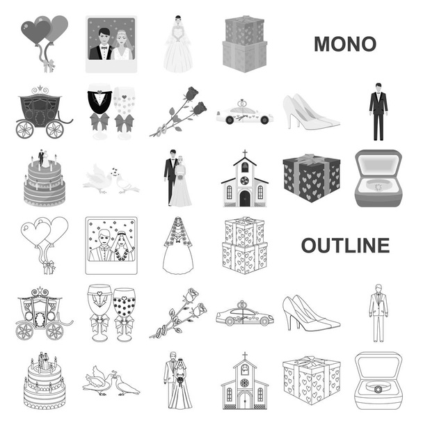 Boda y Atributos iconos monocromáticos en colección de conjuntos para el diseño. Recién casados y accesorios vector símbolo stock web ilustración
. - Vector, Imagen