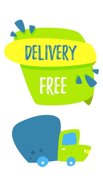 Free shipping. Delivery concept. Cartoon truck delivers goods. Online orders and fast delivery. Vector cartoon. - Vector, Image
