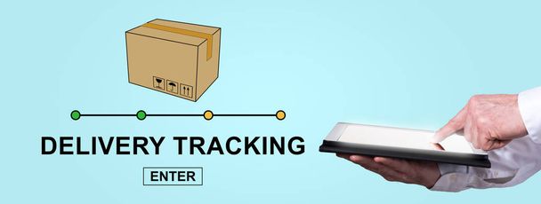 Finger pointing on digital tablet with delivery tracking concept on background - Photo, Image