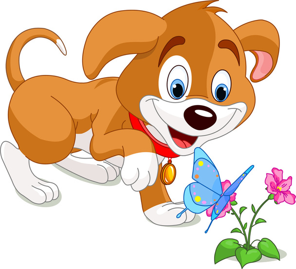 Puppy and Butterfly - Vector, Image