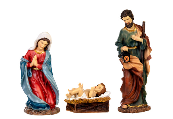 Escena de la Natividad: María, José y el Niño Jesús aislados sobre un fondo blanco
 - Foto, imagen