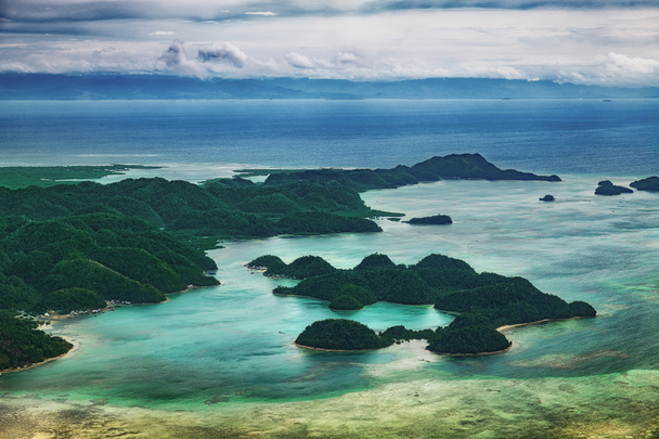 Vista aérea sobre hermosas lagunas kársticas de forma terrestre y manglar verde bosque tropical, línea de pantano en la isla de Siargao, Filipinas
. - Foto, Imagen