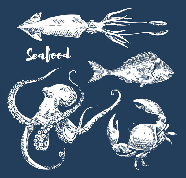 Seafood and Fish Sketch Engraving Illustration - Vektor, obrázek