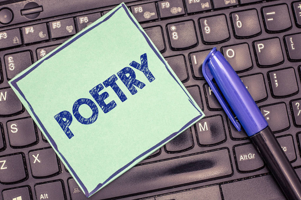 Writing note showing Poetry. Business photo showcasing literary work in which expression of feelings and ideas using rhythm - Photo, Image