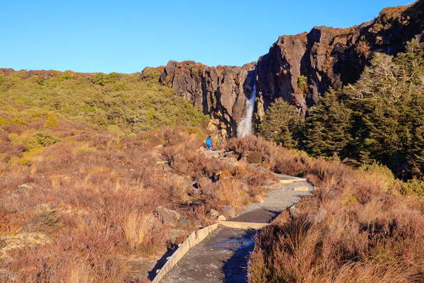 Turista frente a cascada en el Parque Nacional Tongariro, Nueva Zelanda
 - Foto, Imagen