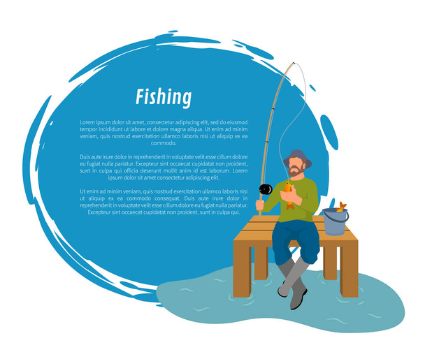 Fisherman with Fishing Rod and Fish Vector Sketch - Vektori, kuva
