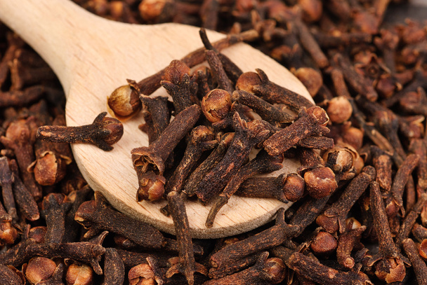 Cloves (spice) and wooden spoon close-up food background - Photo, Image