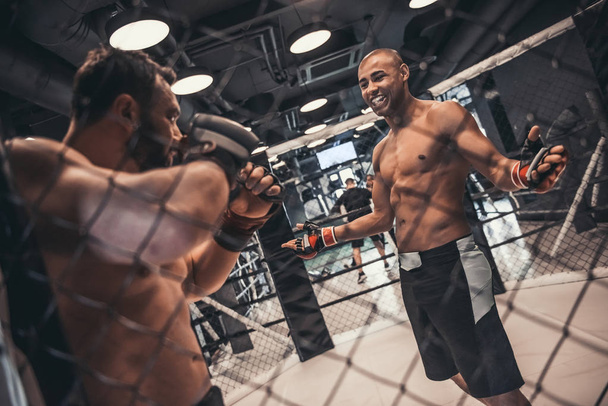 Két férfi a boksz-kesztyűket és rövidnadrág harcolnak a ketrec - Fotó, kép