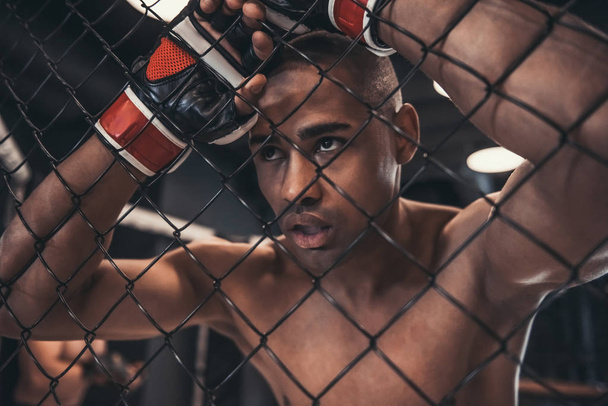 Tired Afro American fighter in gloves is leaning on the net of the cage - 写真・画像