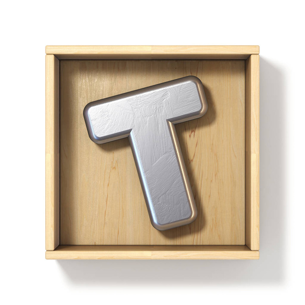 Silver metal letter T in wooden box 3D render illustration isolated on white background - Foto, afbeelding