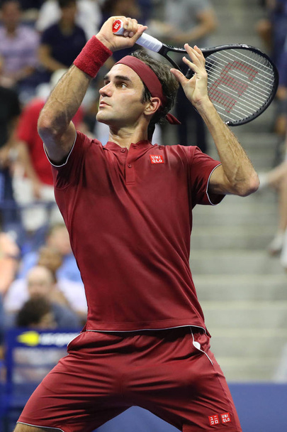 NEW YORK - AUGUST 28, 2018: 20-time Grand Slam champion Roger Federer of Switzerland in action during the 2018 US Open first round match at Billie Jean King National Tennis Center   - Fotografie, Obrázek