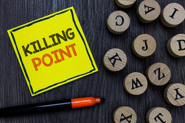 Conceptual hand writing showing Killing Point. Business photo showcasing Phase End Review Stage Gate Project Evaluation No Go Yellow paper circle Marker express ideas wooden background. - Photo, Image