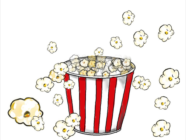 2d Animación gráficos en movimiento que muestran un dibujo de palomitas de maíz en cubo de raya roja y blanca emergiendo sobre fondo blanco
. - Foto, Imagen