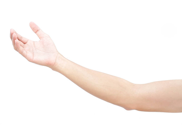 Man hands holding something on white background for product advertising concept - Foto, Imagem