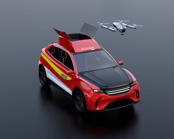 Quadcopter-Drohnen starten von elektrischen Rettungs-Geländewagen auf schwarzem Hintergrund. 3D-Renderbild. - Foto, Bild