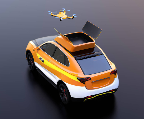 Vista trasera del dron quadcopter despegue del SUV de rescate eléctrico naranja sobre fondo negro. Imagen de renderizado 3D
. - Foto, Imagen